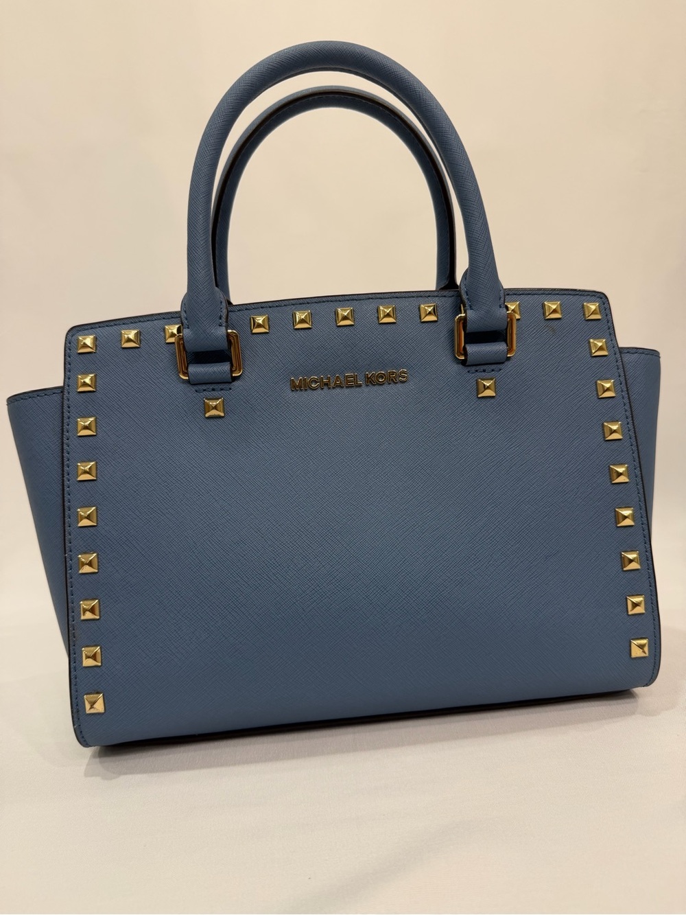 Michael Kors Dusty Blue Saffiano Satchel with Gold Studs